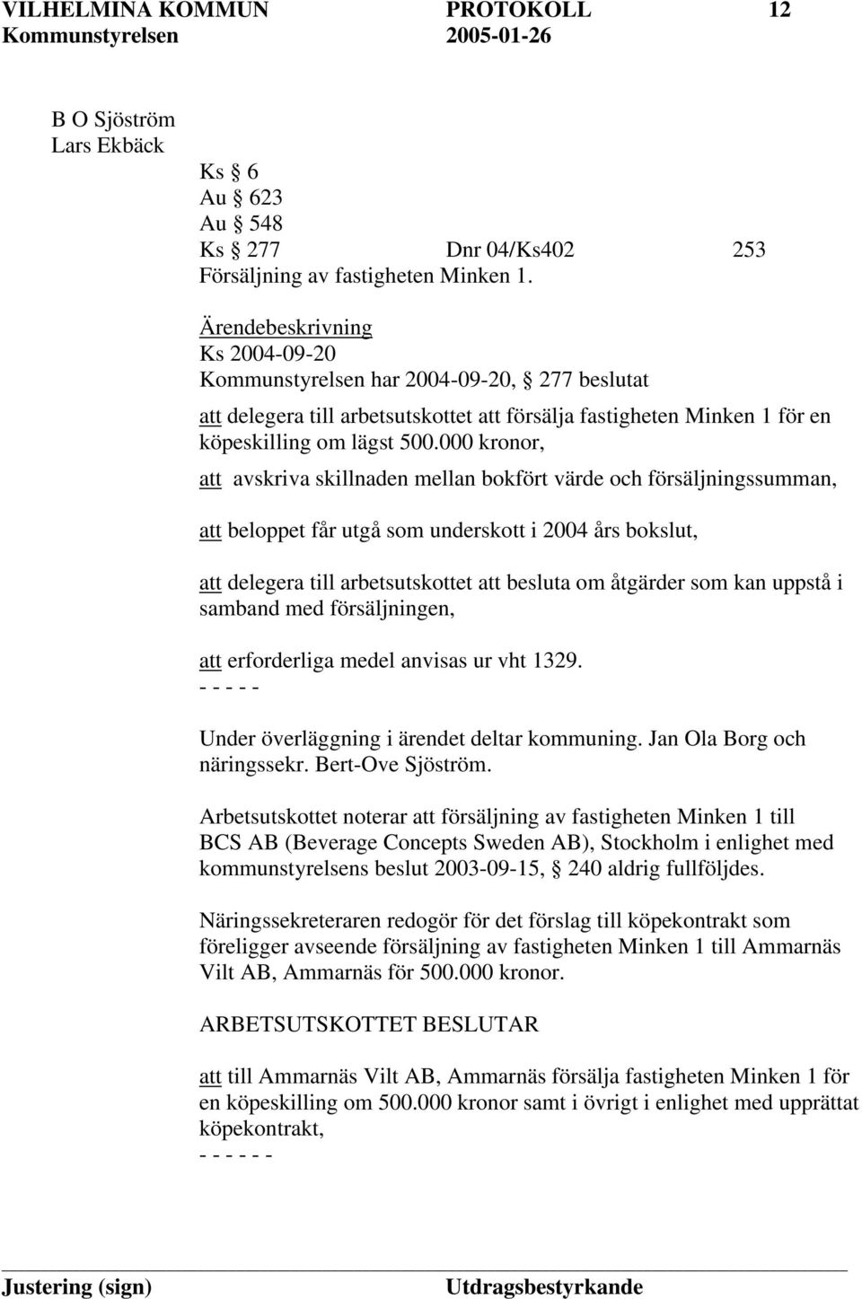 000 kronor, att avskriva skillnaden mellan bokfört värde och försäljningssumman, att beloppet får utgå som underskott i 2004 års bokslut, att delegera till arbetsutskottet att besluta om åtgärder som