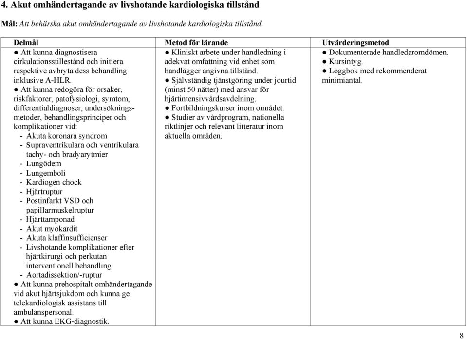 Att kunna redogöra för orsaker, riskfaktorer, patofysiologi, symtom, differentialdiagnoser, undersökningsmetoder, behandlingsprinciper och komplikationer vid: - Akuta koronara syndrom -