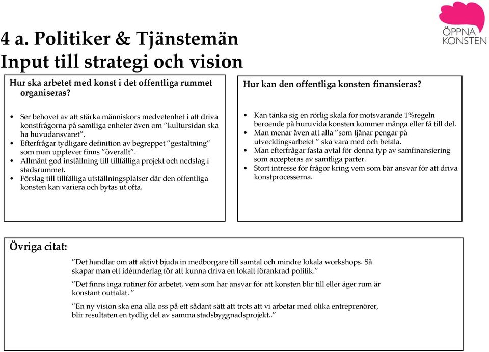 Efterfrågar tydligare definition av begreppet gestaltning som man upplever finns överallt. Allmänt god inställning till tillfälliga projekt och nedslag i stadsrummet.