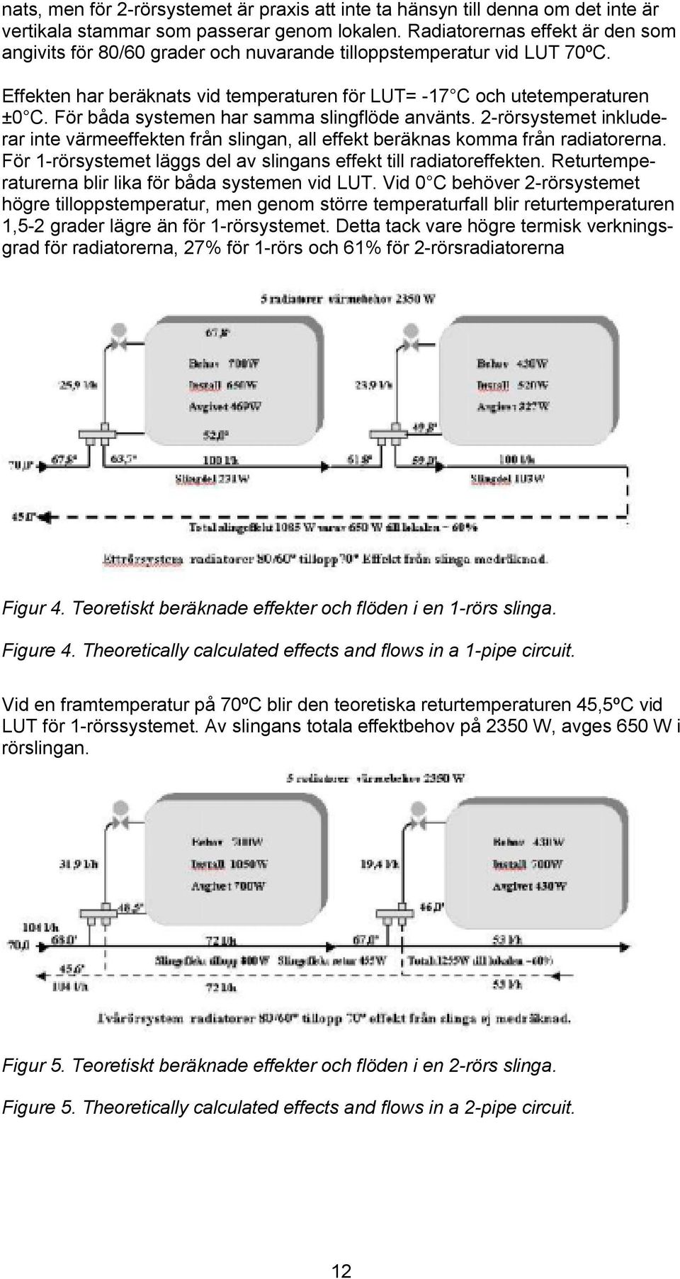 För båda systemen har samma slingflöde använts. 2-rörsystemet inkluderar inte värmeeffekten från slingan, all effekt beräknas komma från radiatorerna.