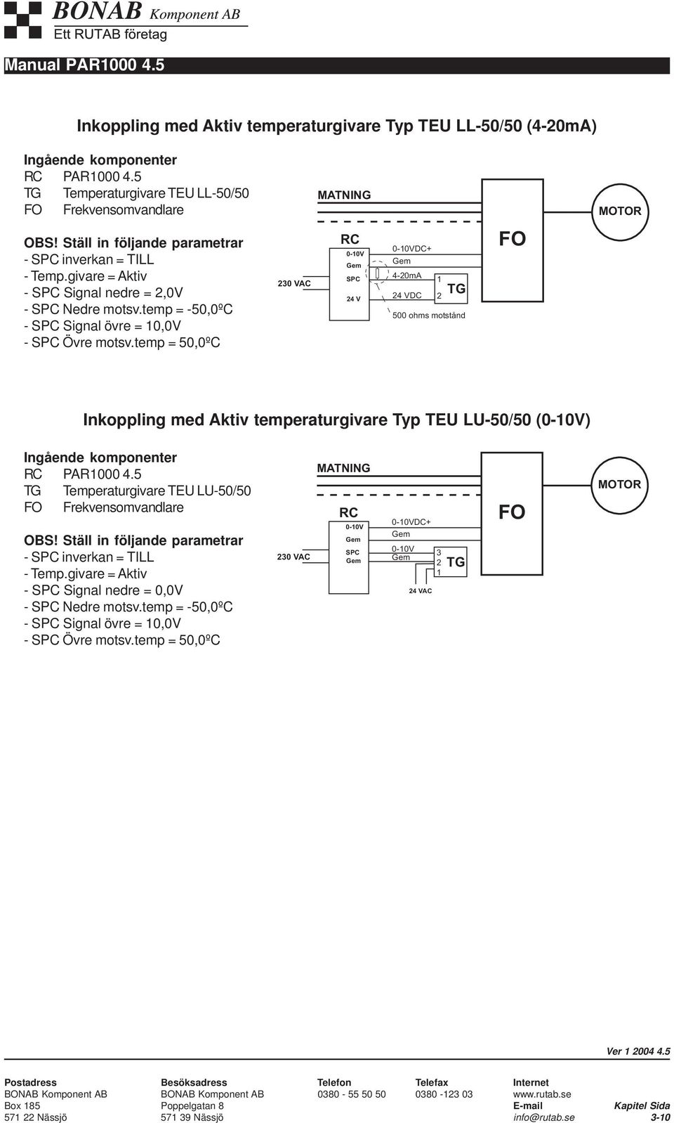 temp = 50,0ºC 230 VAC RC 0-10V SPC 24 V 0-10VDC+ 4-20mA 24 VDC 1 2 TG 500 ohms motstånd FO Inkoppling med Aktiv temperaturgivare Typ TEU LU-50/50 (0-10V) Ingående komponenter RC 4.