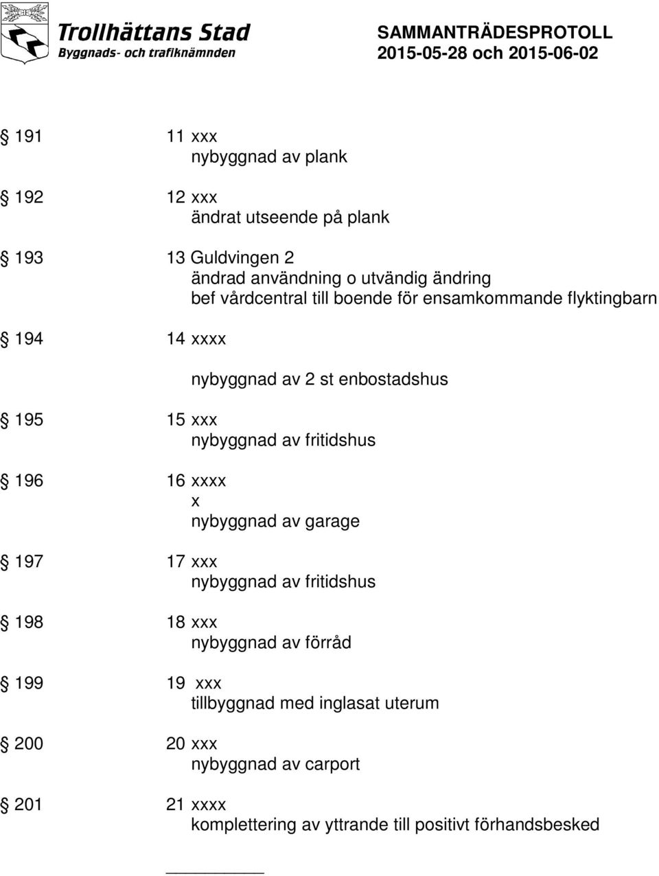 fritidshus 196 16 xxxx x nybyggnad av garage 197 17 xxx nybyggnad av fritidshus 198 18 xxx nybyggnad av förråd 199 19 xxx