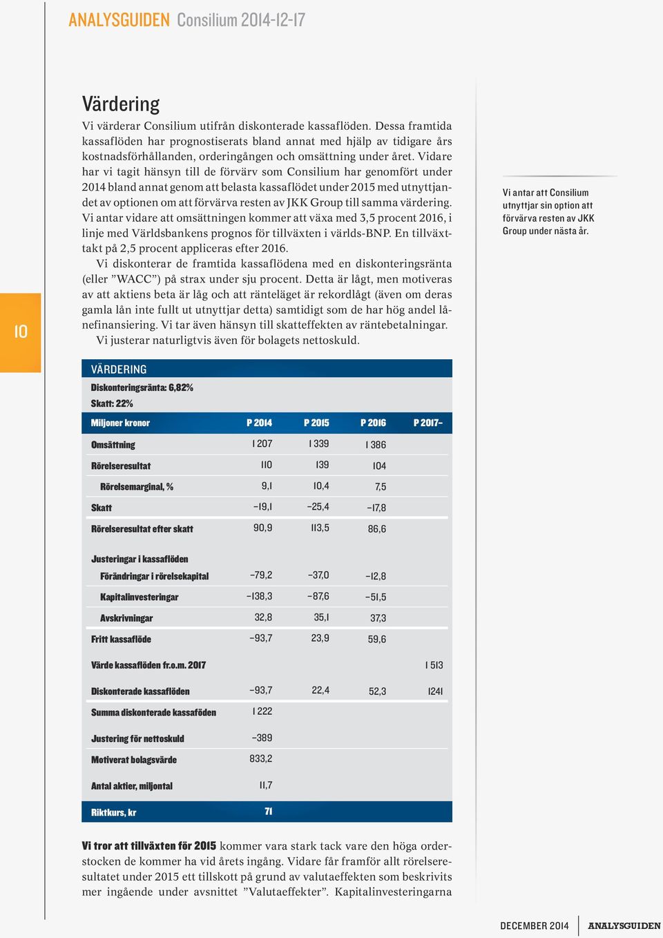 Vidare har vi tagit hänsyn till de förvärv som Consilium har genomfört under 2014 bland annat genom att belasta kassaflödet under 2015 med utnyttjandet av optionen om att förvärva resten av JKK Group