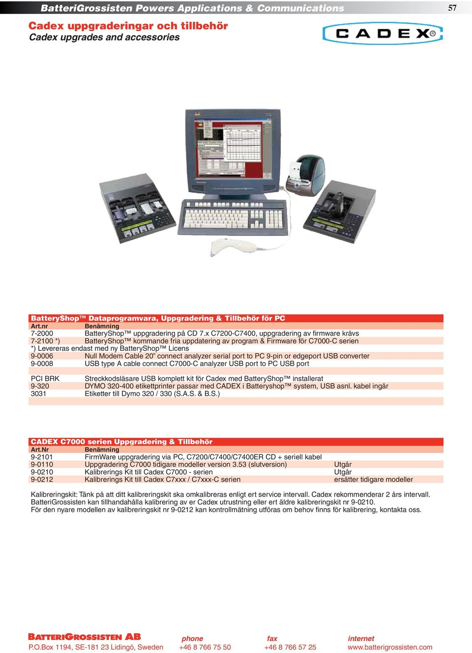 x C7200-C7400, uppgradering av firmware krävs 7-2100 *) BatteryShop kommande fria uppdatering av program & Firmware för C7000-C serien *) Levereras endast med ny BatteryShop Licens 9-0006 Null Modem