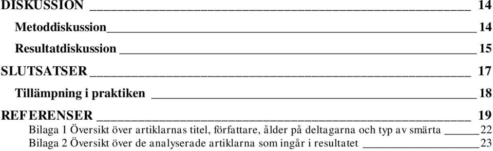 artiklarnas titel, författare, ålder på deltagarna och typ av smärta