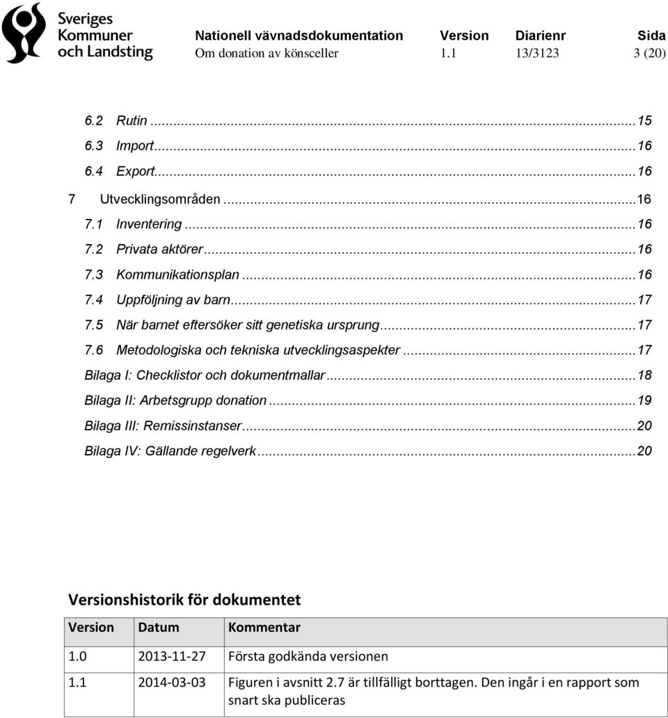 .. 18 Bilaga II: Arbetsgrupp donation... 19 Bilaga III: Remissinstanser... 20 Bilaga IV: Gällande regelverk... 20 shistorik för dokumentet Datum Kommentar 1.