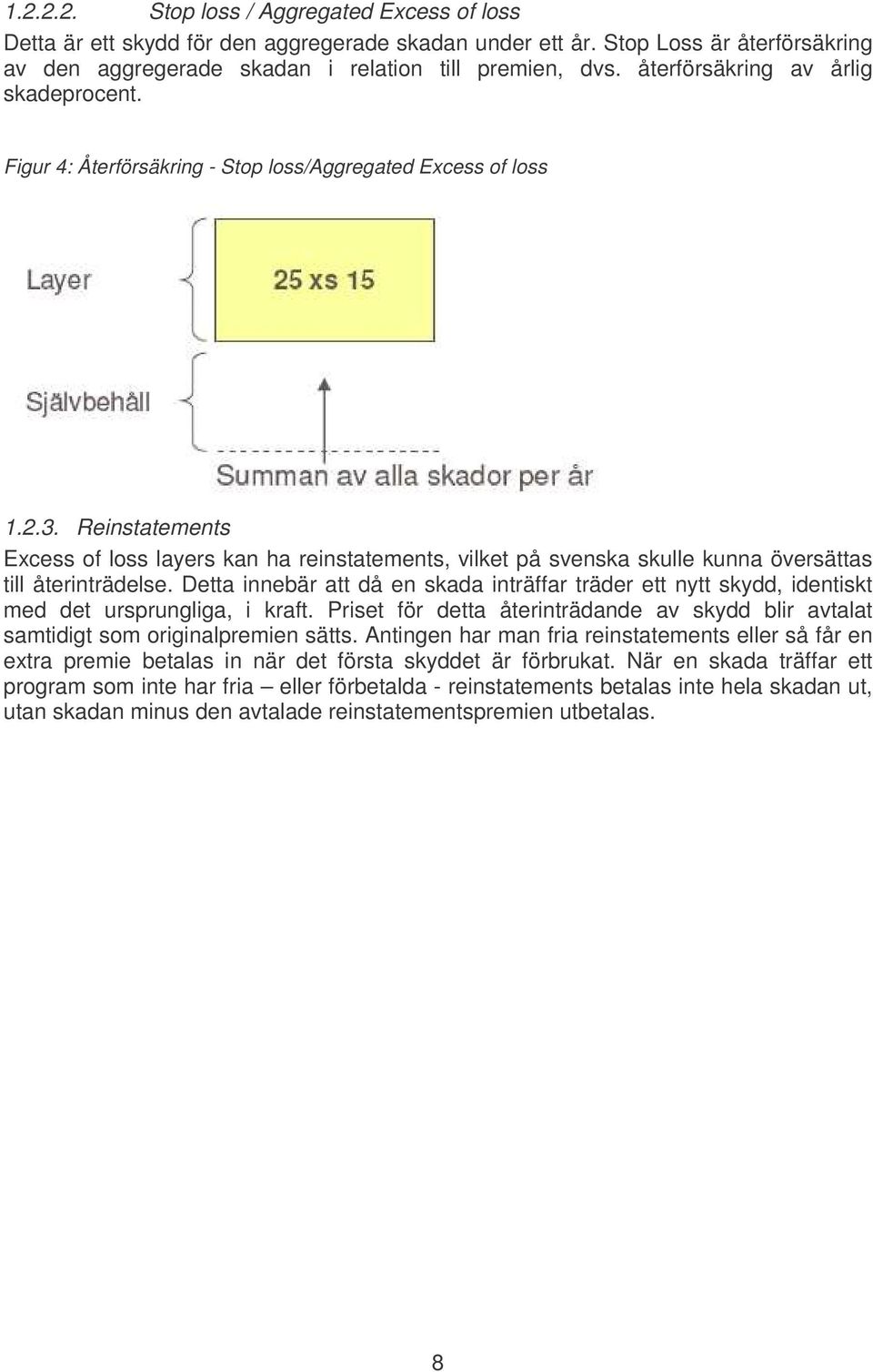 Reinstatements Ecess of loss layers kan ha reinstatements, vilket på svenska skulle kunna översättas till återinträdelse.