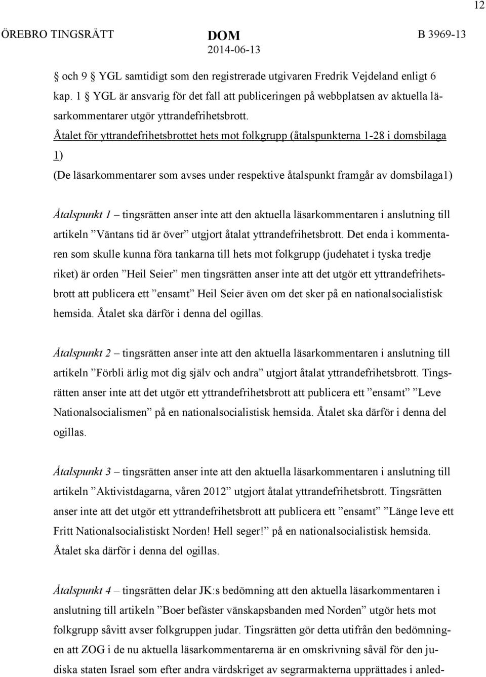 Åtalet för yttrandefrihetsbrottet hets mot folkgrupp (åtalspunkterna 1-28 i domsbilaga 1) (De läsarkommentarer som avses under respektive åtalspunkt framgår av domsbilaga1) Åtalspunkt 1 tingsrätten