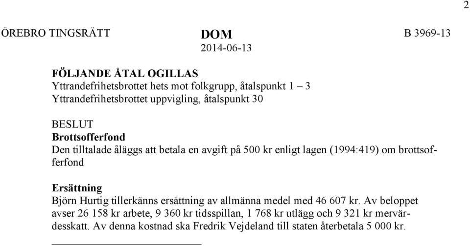 brottsofferfond Ersättning Björn Hurtig tillerkänns ersättning av allmänna medel med 46 607 kr.