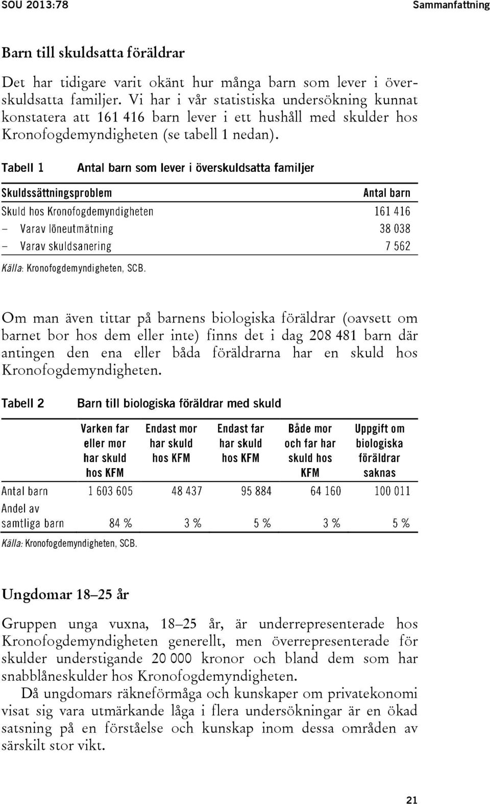 Om man även tittar på barnens biologiska föräldrar (oavsett om barnet bor hos dem eller inte) finns det i dag 208 481 barn där antingen den ena eller båda föräldrarna har en skuld hos