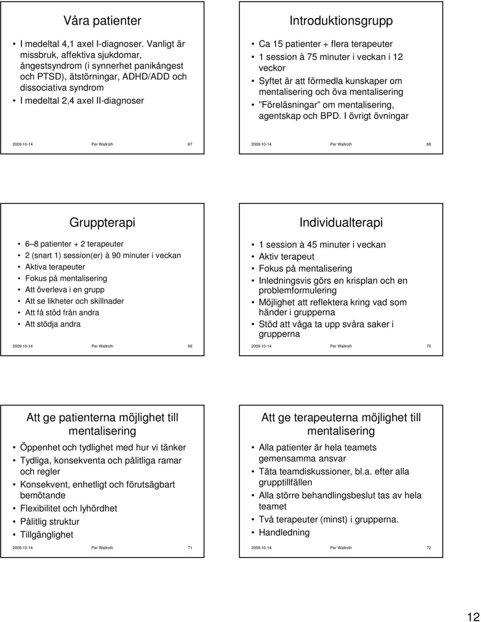 patienter + flera terapeuter 1 session à 75 minuter i veckan i 12 veckor Syftet är att förmedla kunskaper om mentalisering och öva mentalisering Föreläsningar om mentalisering, agentskap och BPD.