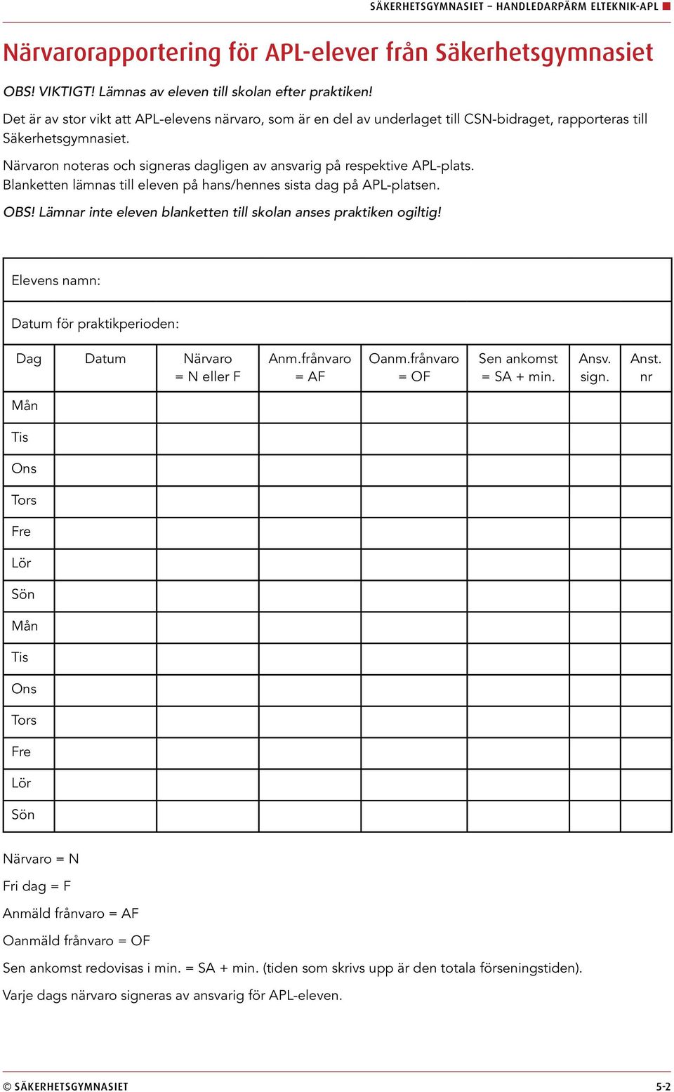 Närvaron noteras och signeras dagligen av ansvarig på respektive APL-plats. Blanketten lämnas till eleven på hans/hennes sista dag på APL-platsen. OBS!