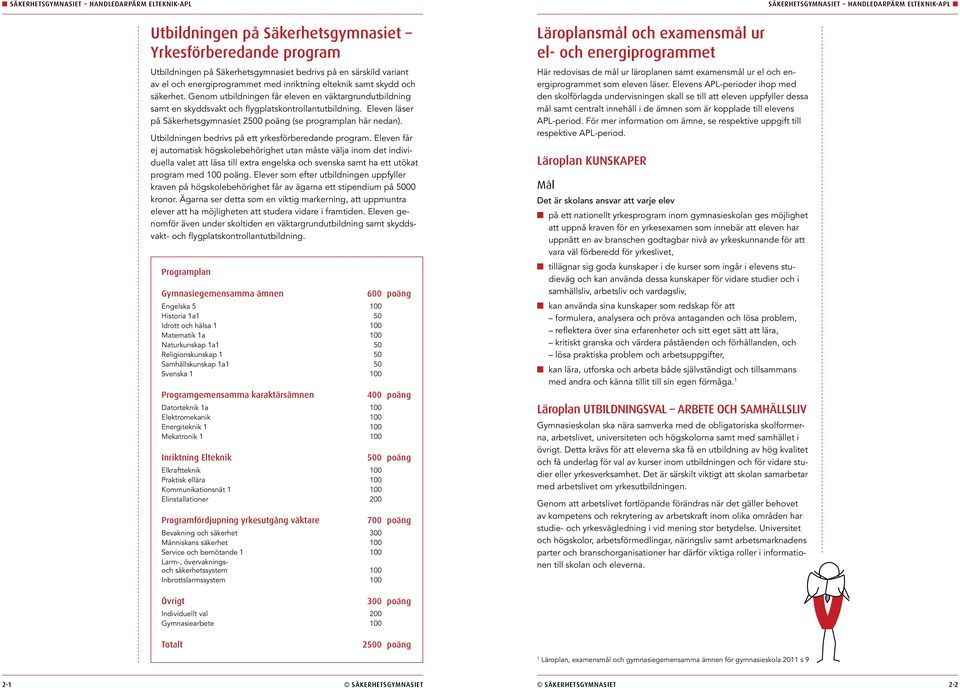 Genom utbildningen får eleven en väktargrundutbildning samt en skyddsvakt och flygplatskontrollantutbildning. Eleven läser på Säkerhetsgymnasiet 2500 poäng (se programplan här nedan).