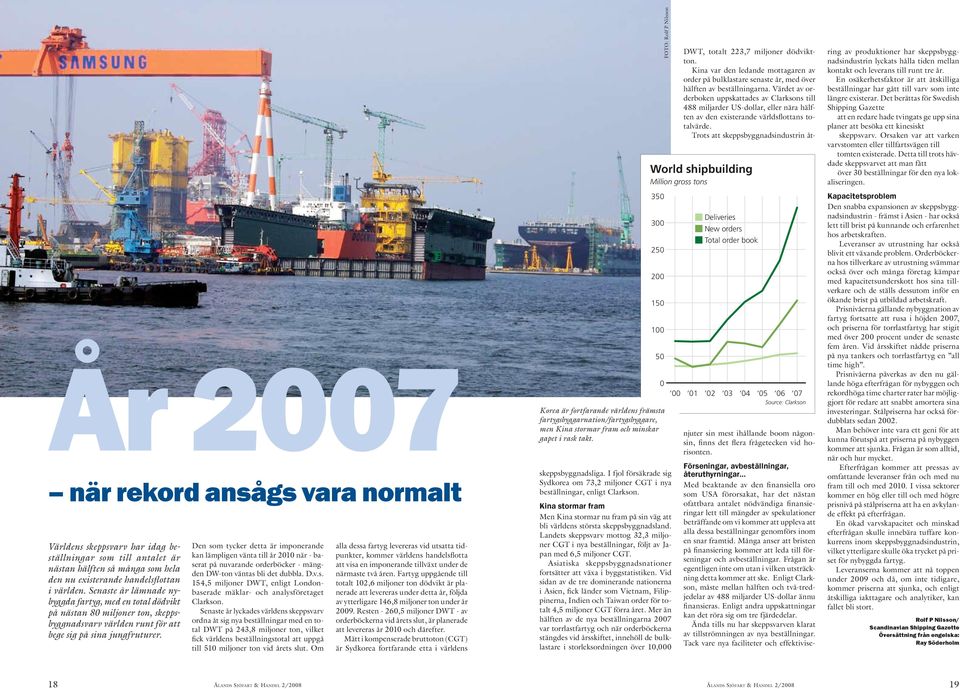 Den som tycker detta är imponerande kan lämpligen vänta till år 2010 när - baserat på nuvarande orderböcker - mängden DW-ton väntas bli det dubbla. D.v.s. 154,5 miljoner DWT, enligt Londonbaserade mäklar- och analysföretaget Clarkson.