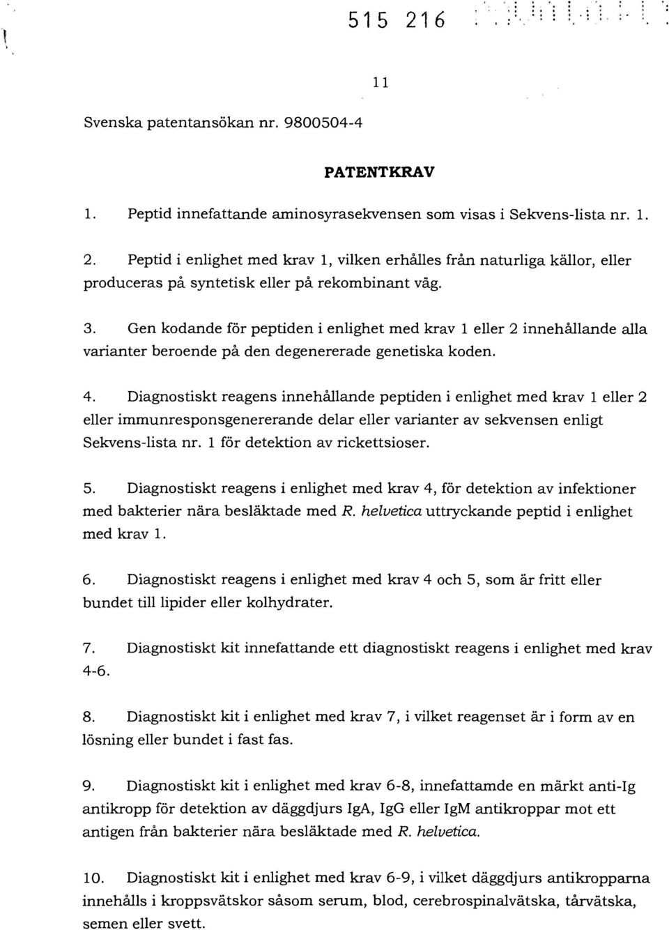 Gen kodande för peptiden i enlighet med krav 1 eller 2 innehållande alla varianter beroende på den degenererade genetiska koden. 4.