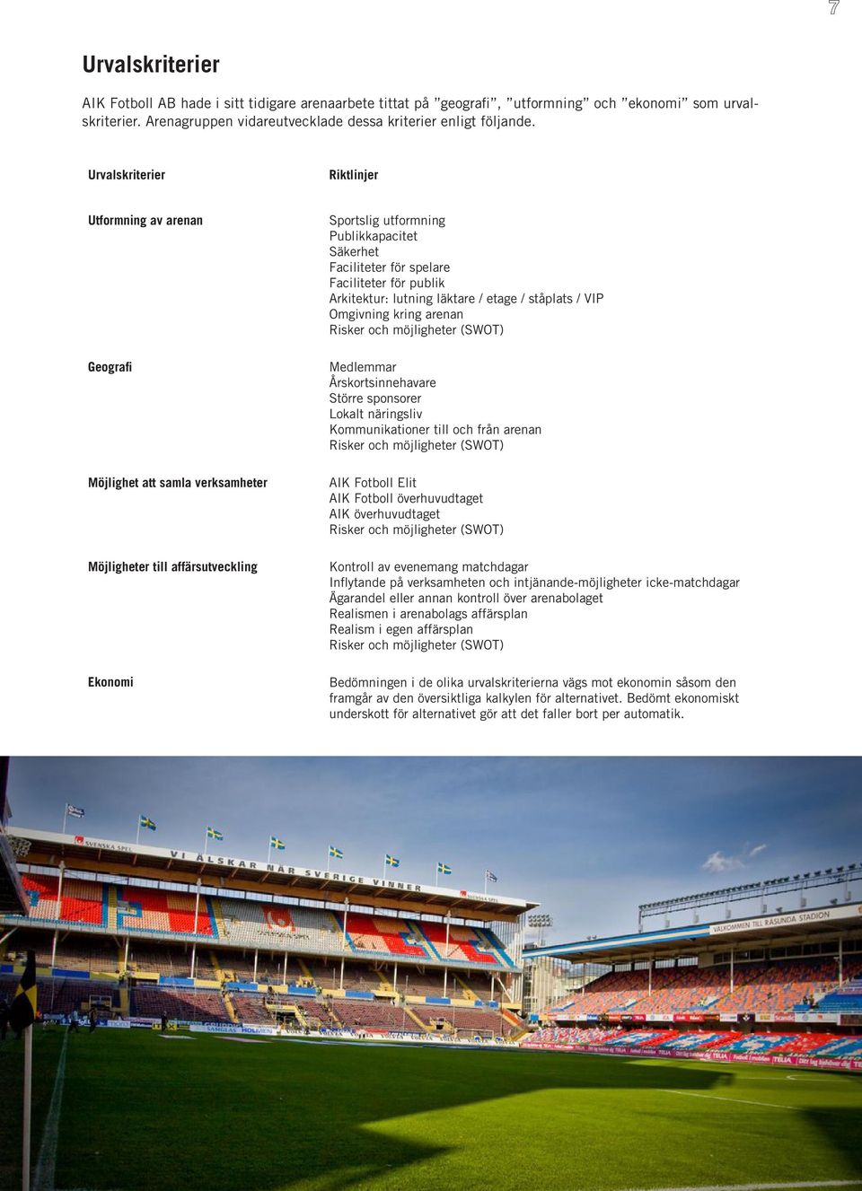 spelare Faciliteter för publik Arkitektur: lutning läktare / etage / ståplats / VIP Omgivning kring arenan Risker och möjligheter (SWOT) Medlemmar Årskortsinnehavare Större sponsorer Lokalt