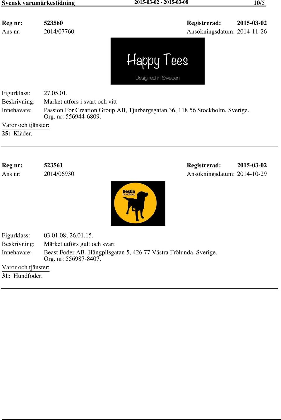 Org. nr: 556944-6809. 25: Kläder. Reg nr: 523561 Registrerad: 2015-03-02 Ans nr: 2014/06930 Ansökningsdatum: 2014-10-29 Figurklass: 03.01.08; 26.