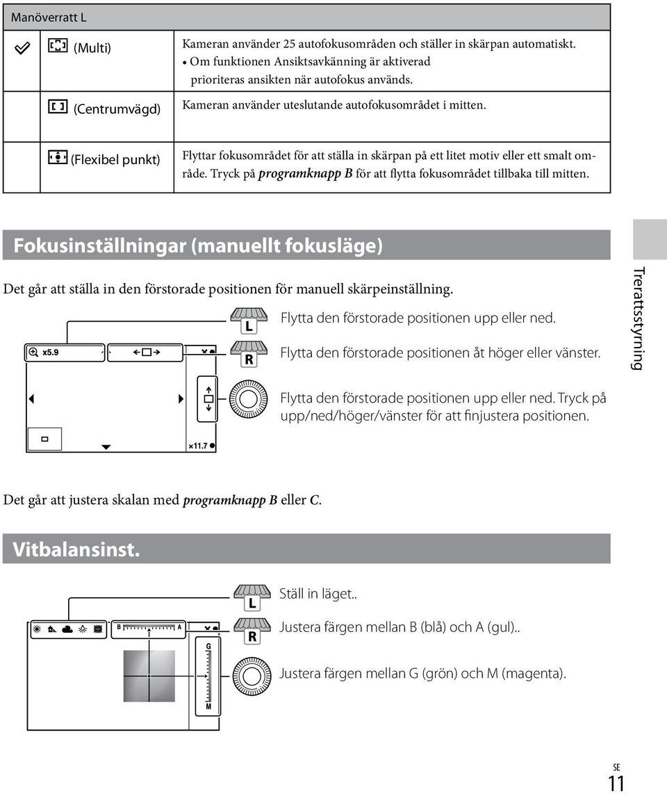 Tryck på programknapp B för att flytta fokusområdet tillbaka till mitten. Fokusinställningar (manuellt fokusläge) Det går att ställa in den förstorade positionen för manuell skärpeinställning.