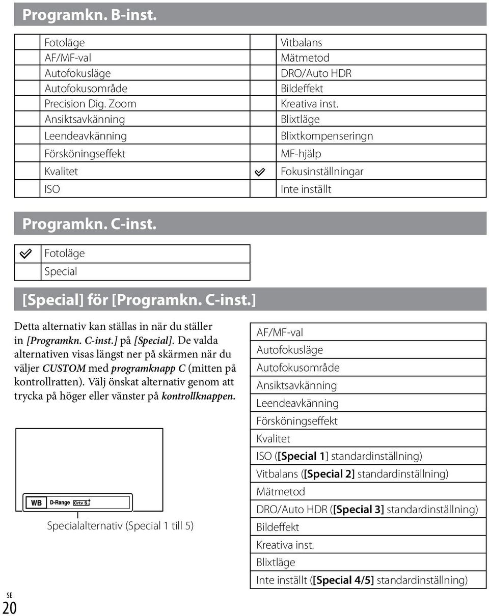 Blixtläge Blixtkompenseringn MF-hjälp Fokusinställningar Inte inställt Programkn. C-inst. Fotoläge Special [Special] för [Programkn. C-inst.] 20 Detta alternativ kan ställas in när du ställer in [Programkn.