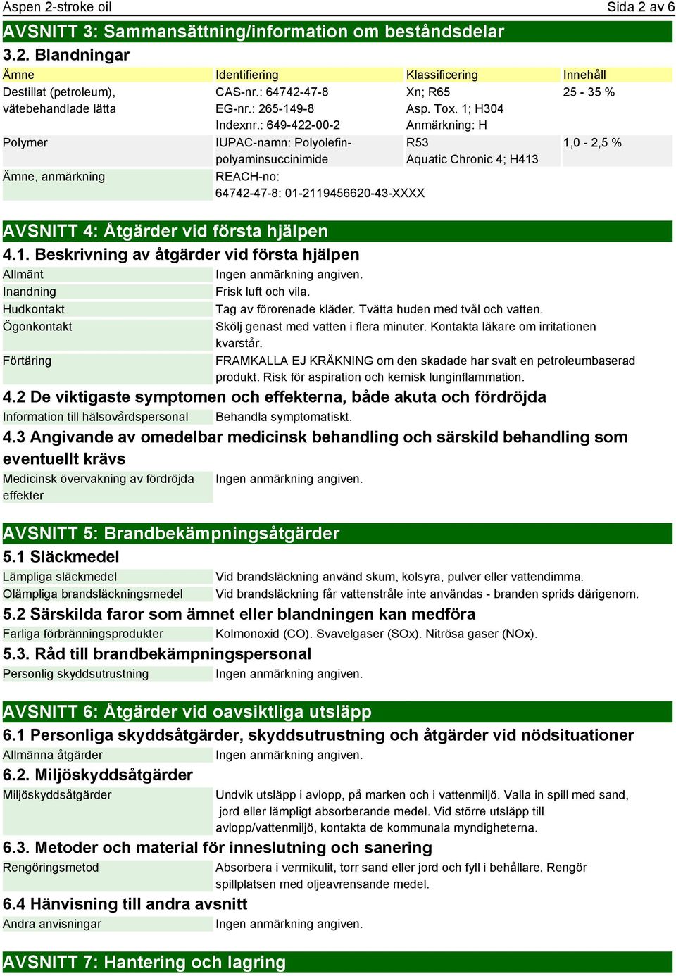 1; H304 : H R53 Aquatic Chronic 4; H413 AVSNITT 4: Åtgärder vid första hjälpen 4.1. Beskrivning av åtgärder vid första hjälpen Allmänt Ingen anmärkning angiven. Inandning Frisk luft och vila.