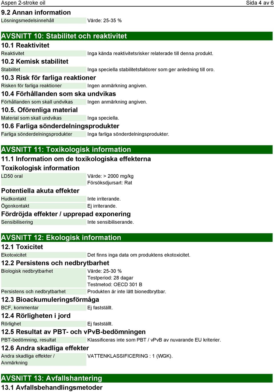 Oförenliga material Material som skall undvikas Inga speciella. 10.6 Farliga sönderdelningsprodukter Farliga sönderdelningsprodukter Inga farliga sönderdelningsprodukter.