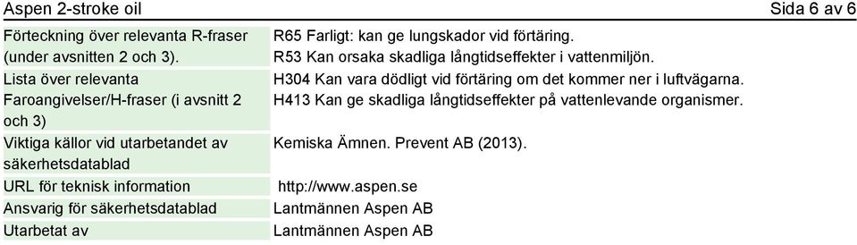 förtäring. R53 Kan orsaka skadliga långtidseffekter i vattenmiljön. H304 Kan vara dödligt vid förtäring om det kommer ner i luftvägarna.