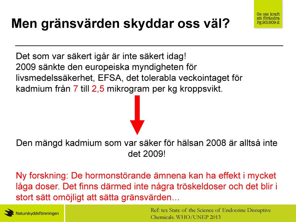 kg kroppsvikt. Den mängd kadmium som var säker för hälsan 2008 är alltså inte det 2009!