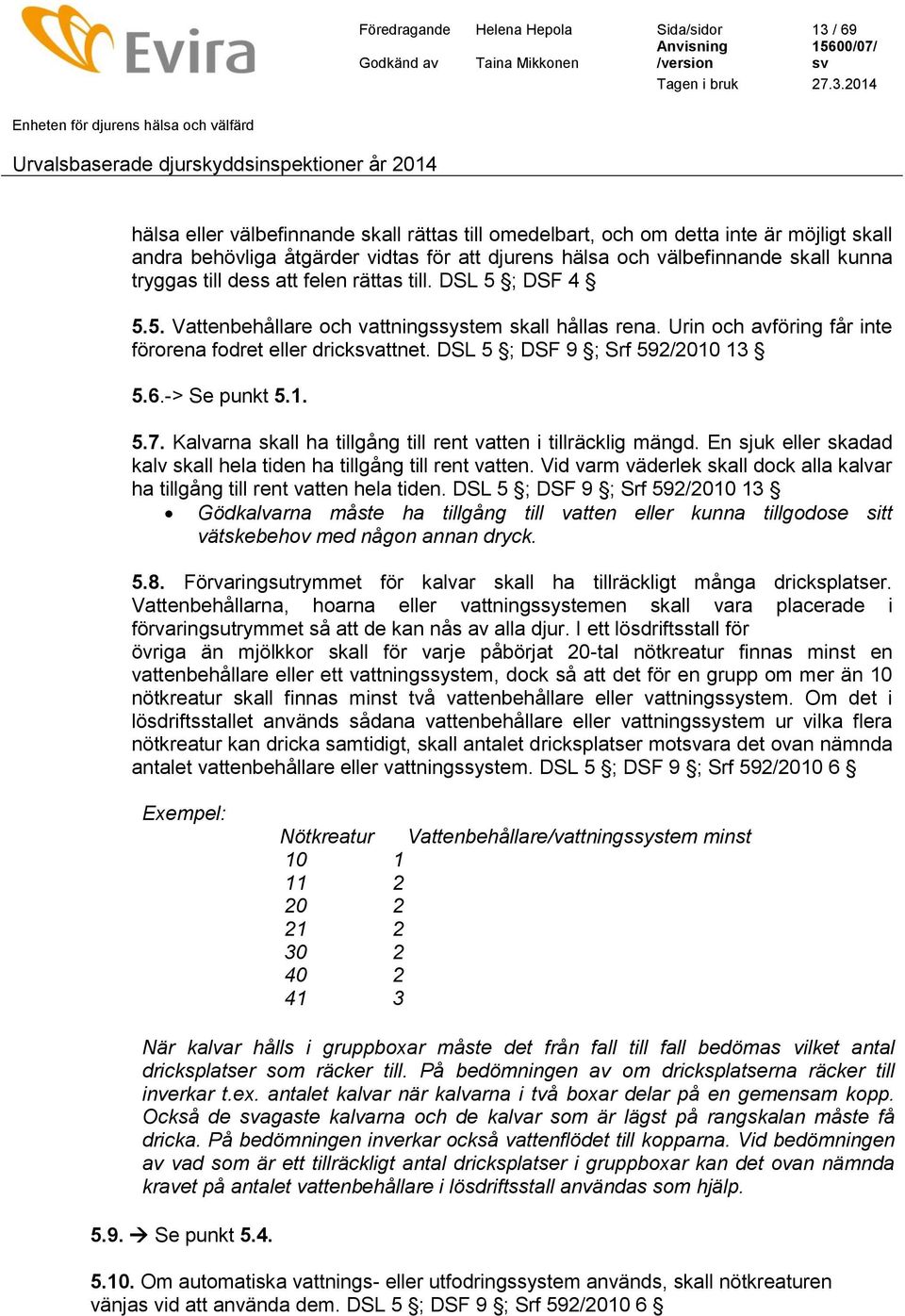 Urin och avföring får inte förorena fodret eller drickattnet. DSL 5 ; DSF 9 ; Srf 592/2010 13 5.6.-> Se punkt 5.1. 5.7. Kalvarna skall ha tillgång till rent vatten i tillräcklig mängd.