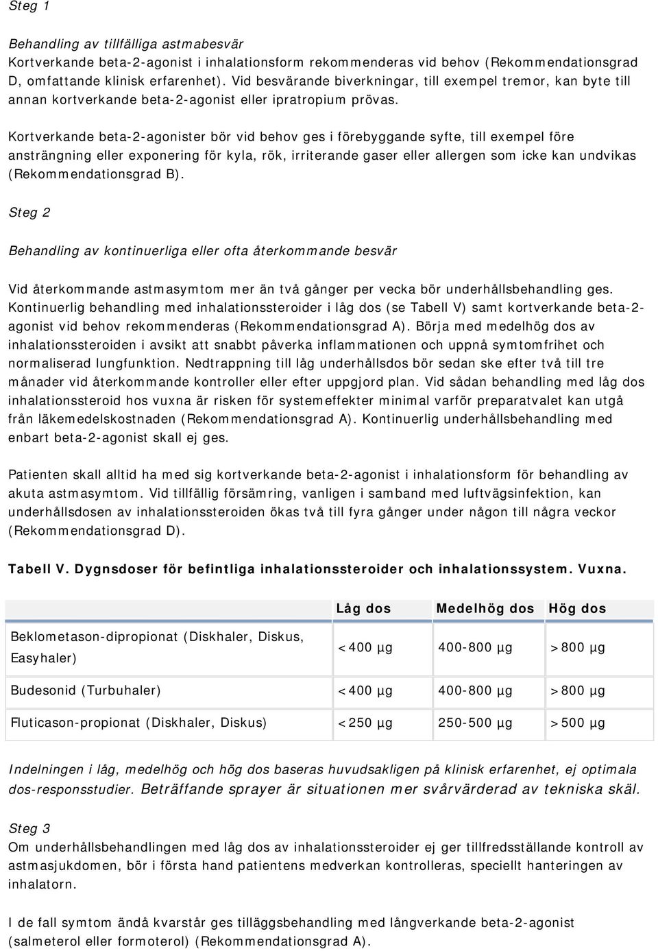 Kortverkande beta-2-agonister bör vid behov ges i förebyggande syfte, till exempel före ansträngning eller exponering för kyla, rök, irriterande gaser eller allergen som icke kan undvikas