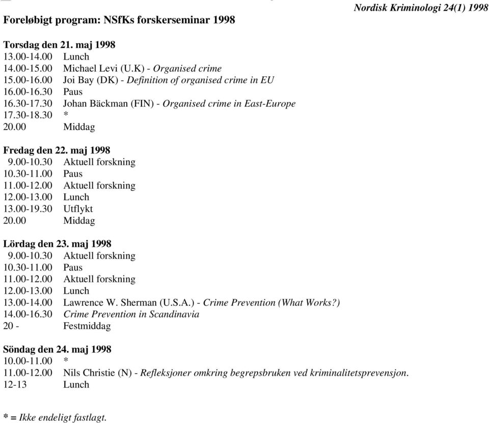 30 Aktuell forskning 10.30-11.00 Paus 11.00-12.00 Aktuell forskning 12.00-13.00 Lunch 13.00-19.30 Utflykt 20.00 Middag Lördag den 23. maj 1998 9.00-10.30 Aktuell forskning 10.30-11.00 Paus 11.00-12.00 Aktuell forskning 12.00-13.00 Lunch 13.00-14.