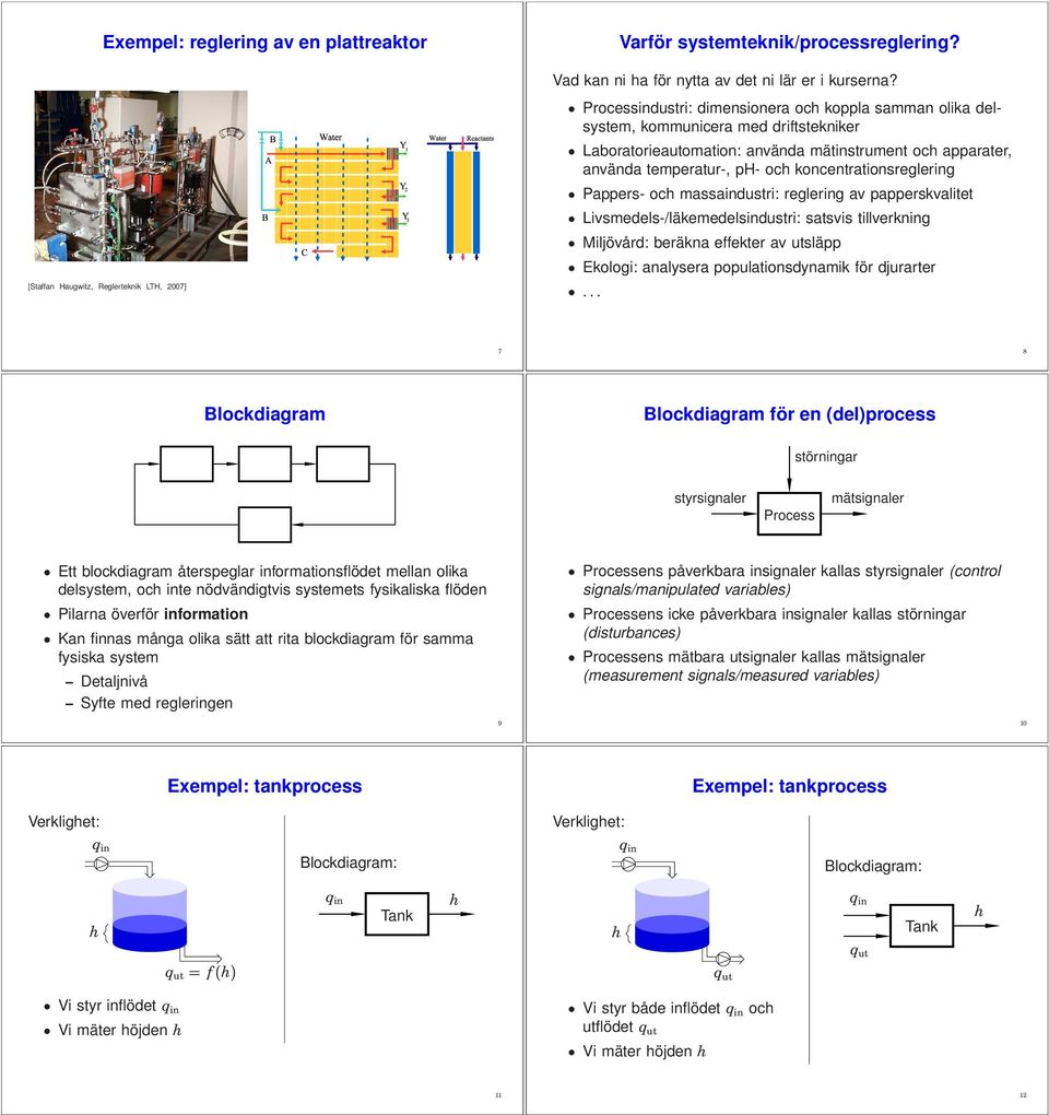 temperatur-, ph- oc koncentrationsreglering Pappers- oc massaindustri: reglering av papperskvalitet Livsmedels-/läkemedelsindustri: satsvis tillverkning Miljövård: beräkna effekter av utsläpp