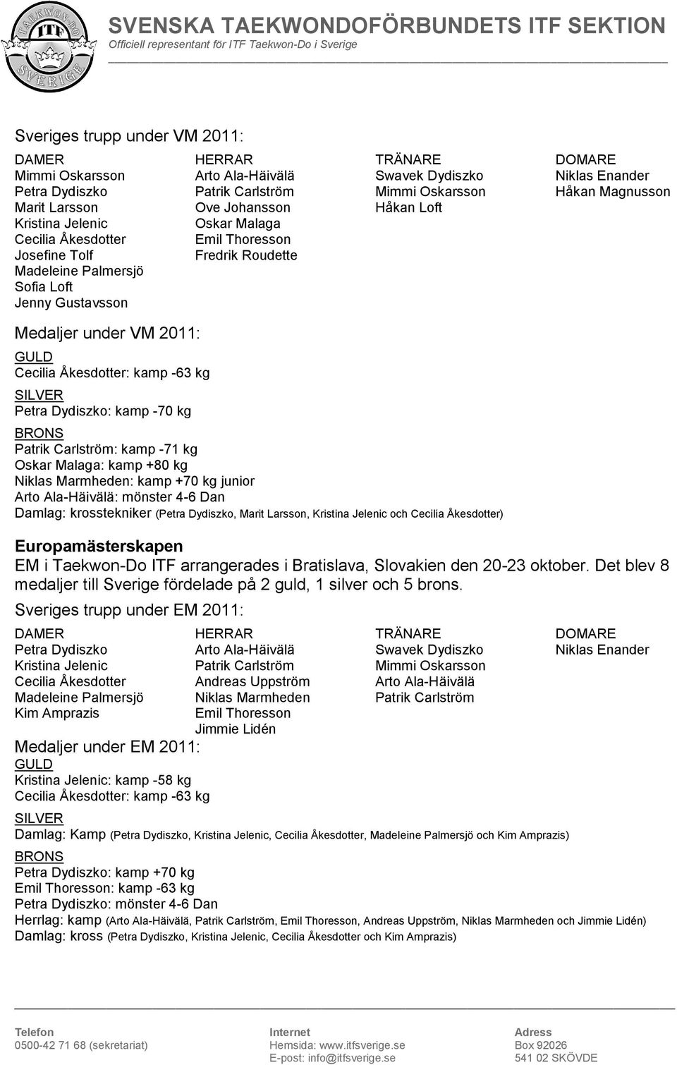 Cecilia Åkesdotter: kamp -63 kg SILVER Petra Dydiszko: kamp -70 kg BRONS Patrik Carlström: kamp -71 kg Oskar Malaga: kamp +80 kg Niklas Marmheden: kamp +70 kg junior Arto Ala-Häivälä: mönster 4-6 Dan