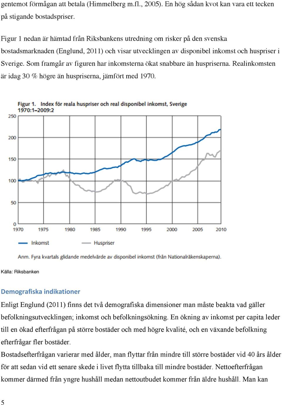 Som framgår av figuren har inkomsterna ökat snabbare än huspriserna. Realinkomsten är idag 3 % högre än huspriserna, jämfört med 197.