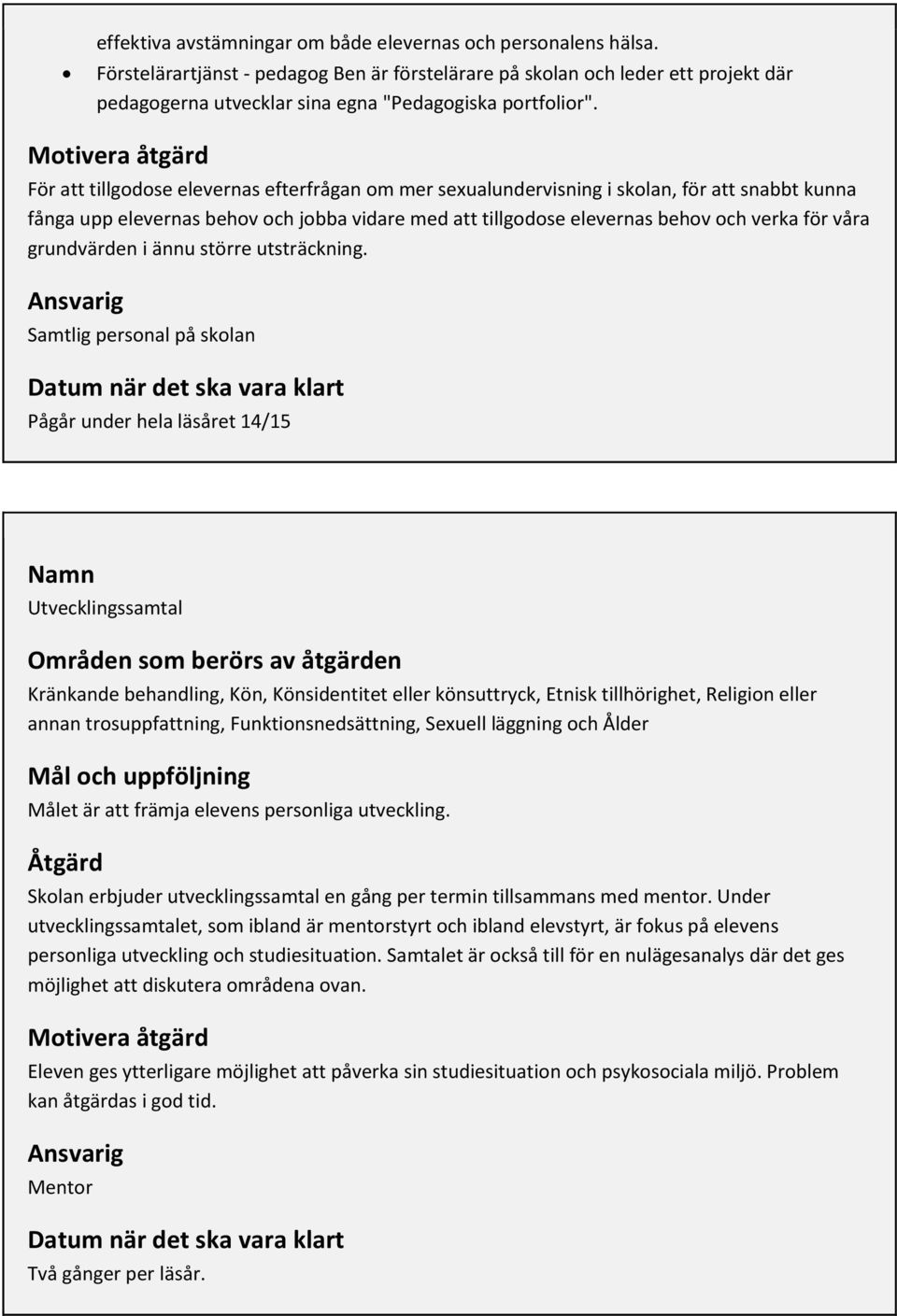 Motivera åtgärd För att tillgodose elevernas efterfrågan om mer sexualundervisning i skolan, för att snabbt kunna fånga upp elevernas behov och jobba vidare med att tillgodose elevernas behov och