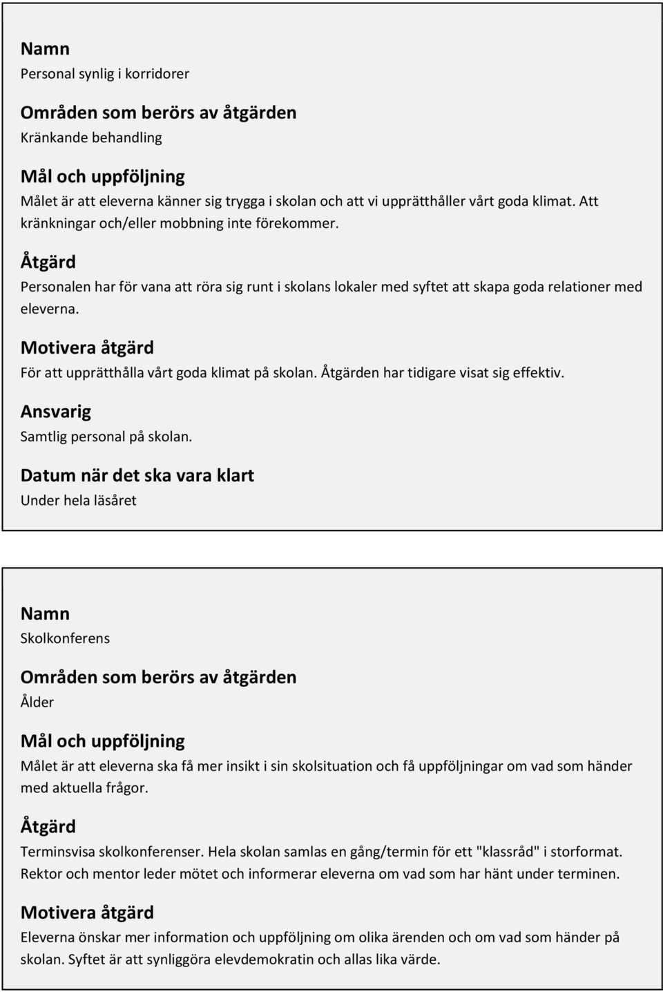 Motivera åtgärd För att upprätthålla vårt goda klimat på skolan. Åtgärden har tidigare visat sig effektiv. Samtlig personal på skolan.