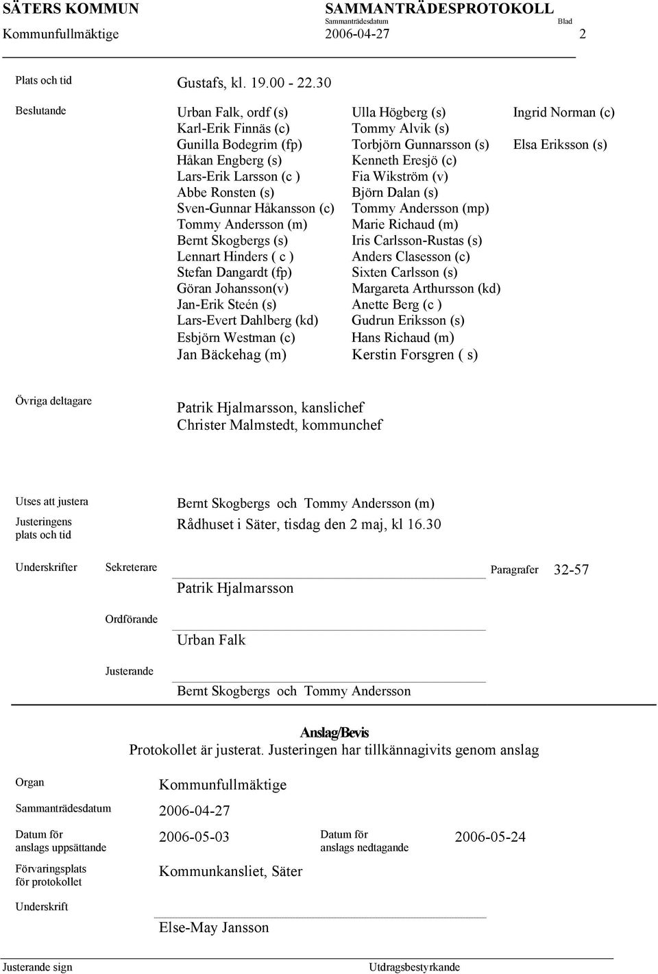 Eresjö (c) Lars-Erik Larsson (c ) Fia Wikström (v) Abbe Ronsten (s) Björn Dalan (s) Sven-Gunnar Håkansson (c) Tommy Andersson (mp) Tommy Andersson (m) Marie Richaud (m) Bernt Skogbergs (s) Iris