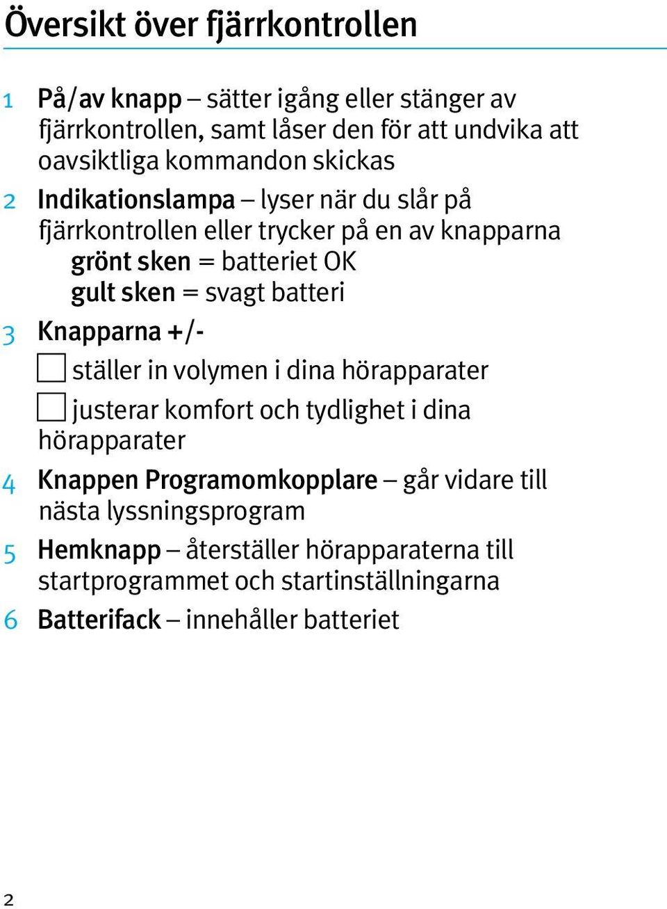 batteri 3 Knapparna +/- ställer in volymen i dina hörapparater justerar komfort och tydlighet i dina hörapparater 4 Knappen Programomkopplare går