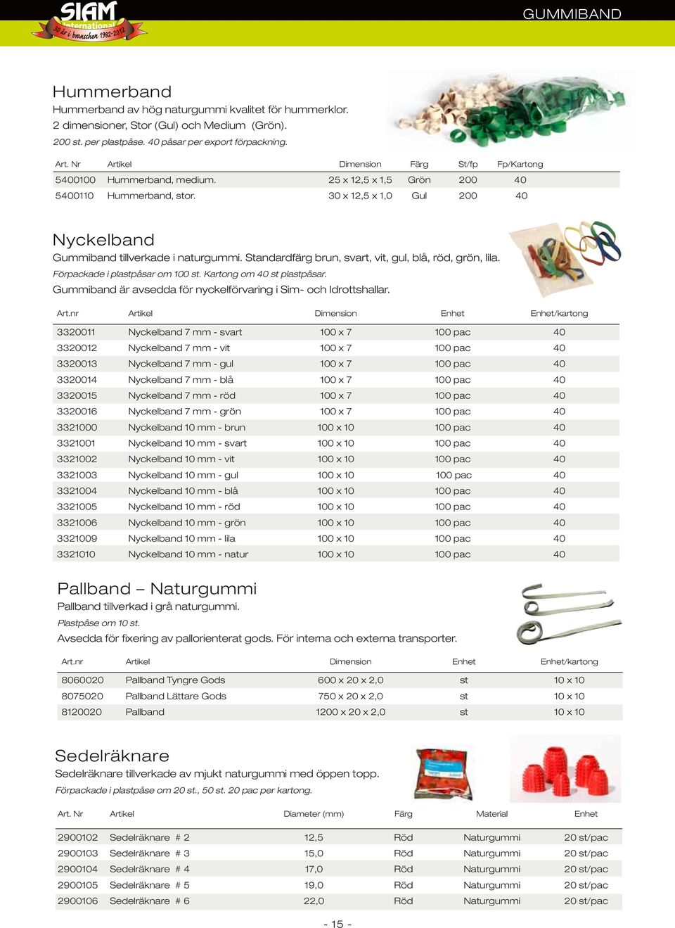 Standardfärg brun, svart, vit, gul, blå, röd, grön, lila. Förpackade i plastpåsar om 100 st. Kartong om 40 st plastpåsar. Gummiband är avsedda för nyckelförvaring i Sim- och Idrottshallar. Art.