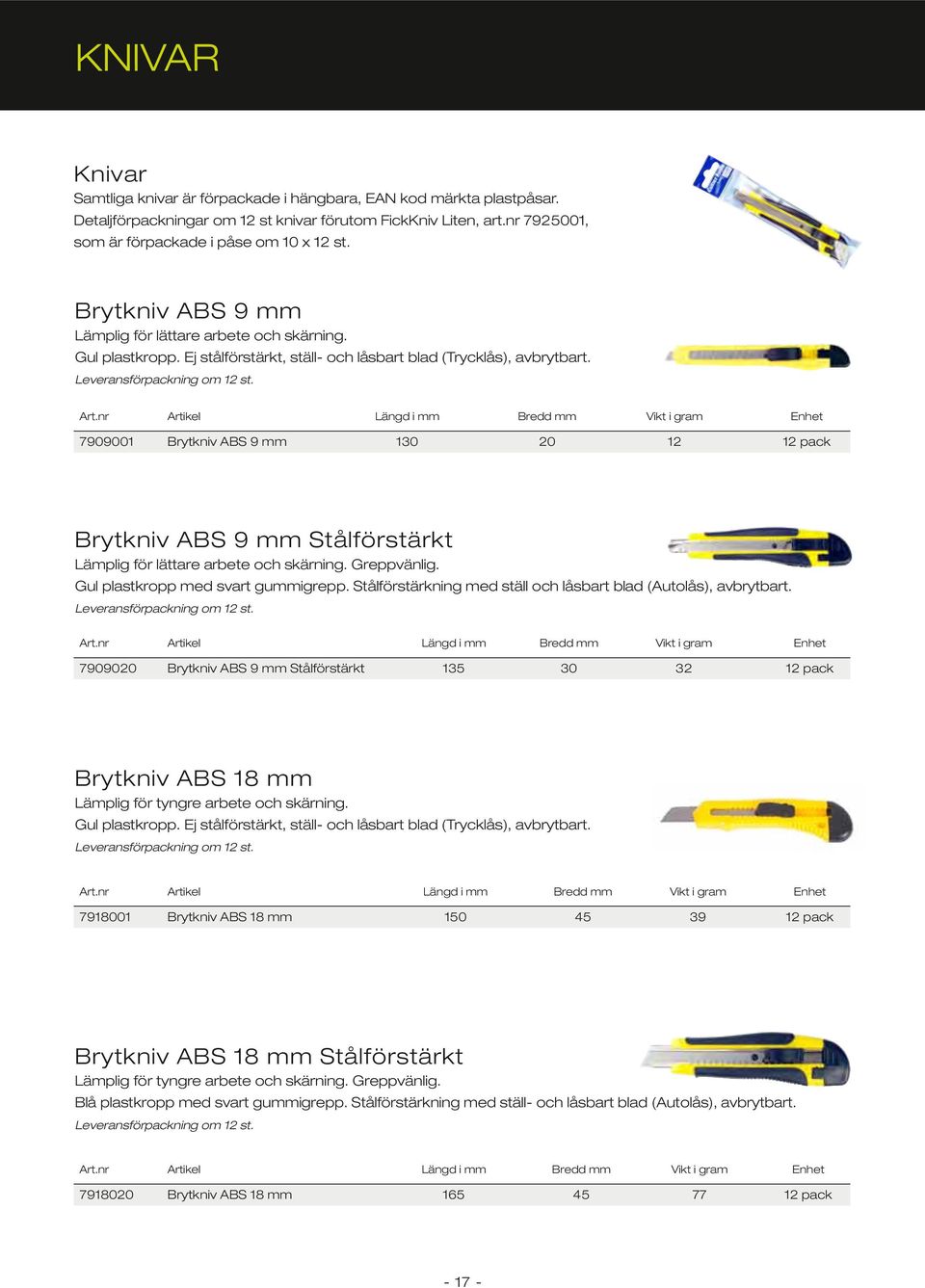 nr Artikel längd i mm Bredd mm vikt i gram Enhet 7909001 Brytkniv ABS 9 mm 130 20 12 12 pack Brytkniv ABS 9 mm Stålförstärkt Lämplig för lättare arbete och skärning. Greppvänlig.