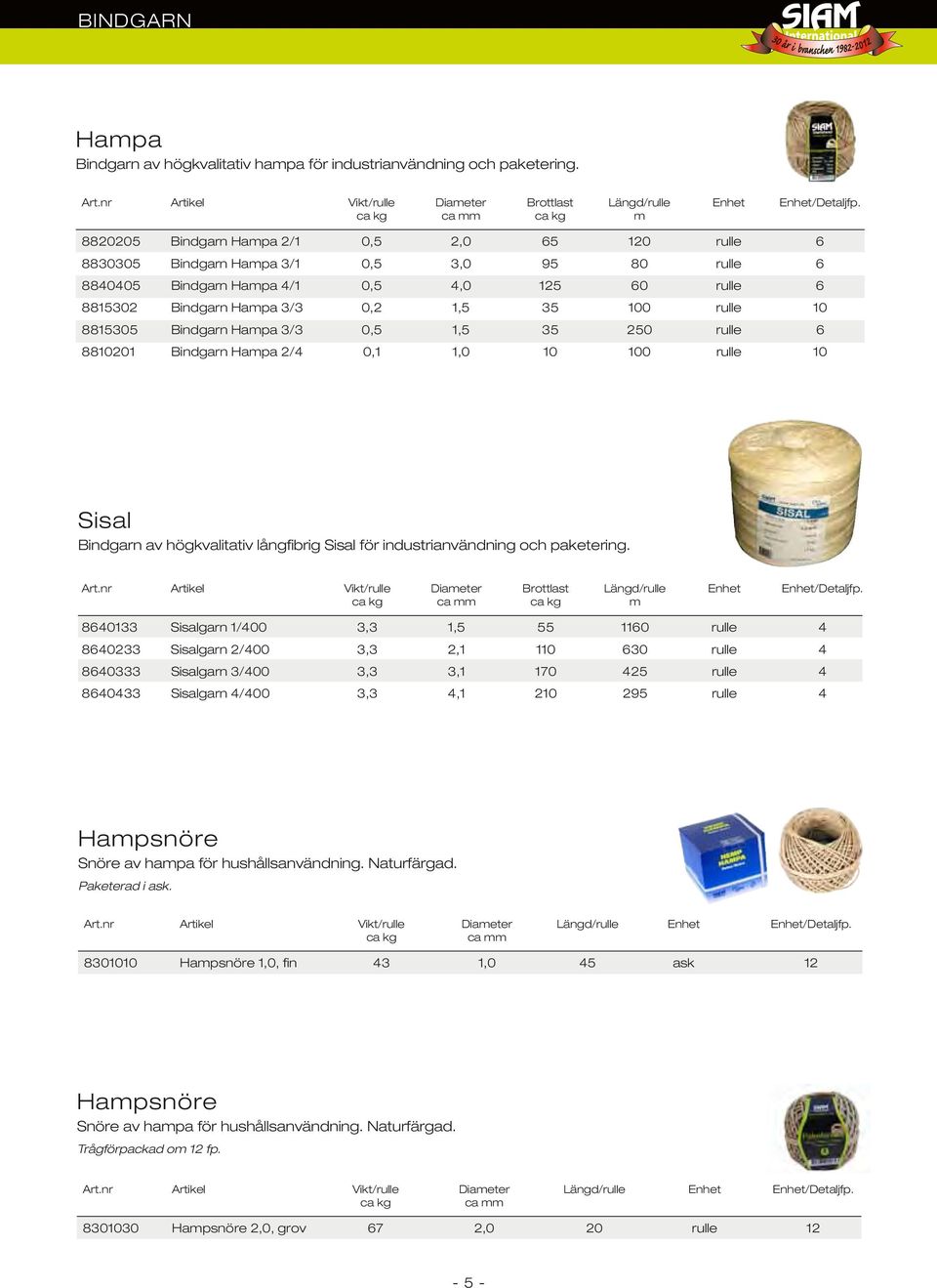 1,5 35 100 rulle 10 8815305 Bindgarn Hampa 3/3 0,5 1,5 35 250 rulle 6 8810201 Bindgarn Hampa 2/4 0,1 1,0 10 100 rulle 10 Sisal Bindgarn av högkvalitativ långfibrig Sisal för industrianvändning och