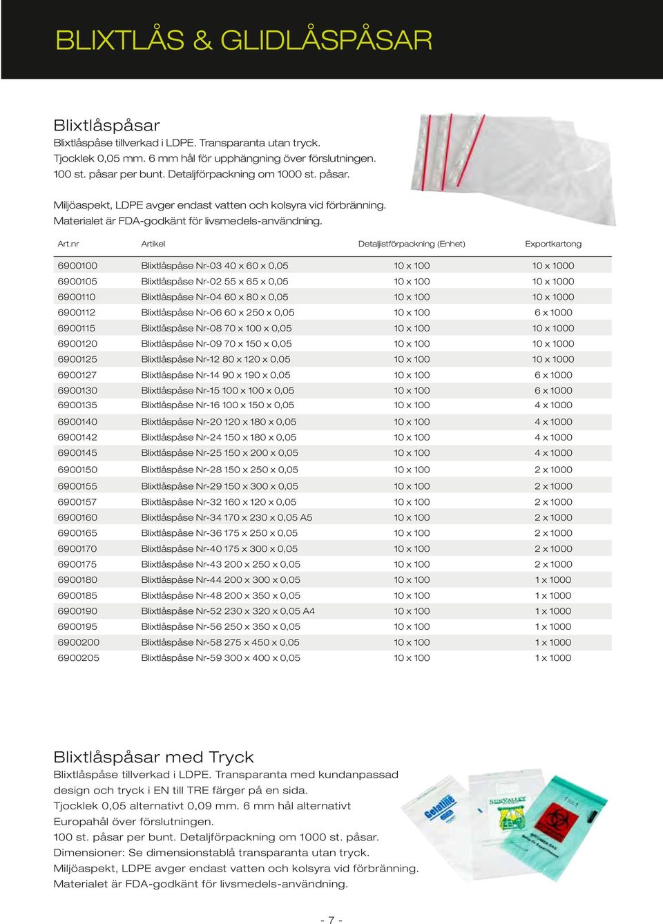 nr Artikel Detaljistförpackning (Enhet) Exportkartong 6900100 Blixtlåspåse Nr-03 40 x 60 x 0,05 10 x 100 10 x 1000 6900105 Blixtlåspåse Nr-02 55 x 65 x 0,05 10 x 100 10 x 1000 6900110 Blixtlåspåse