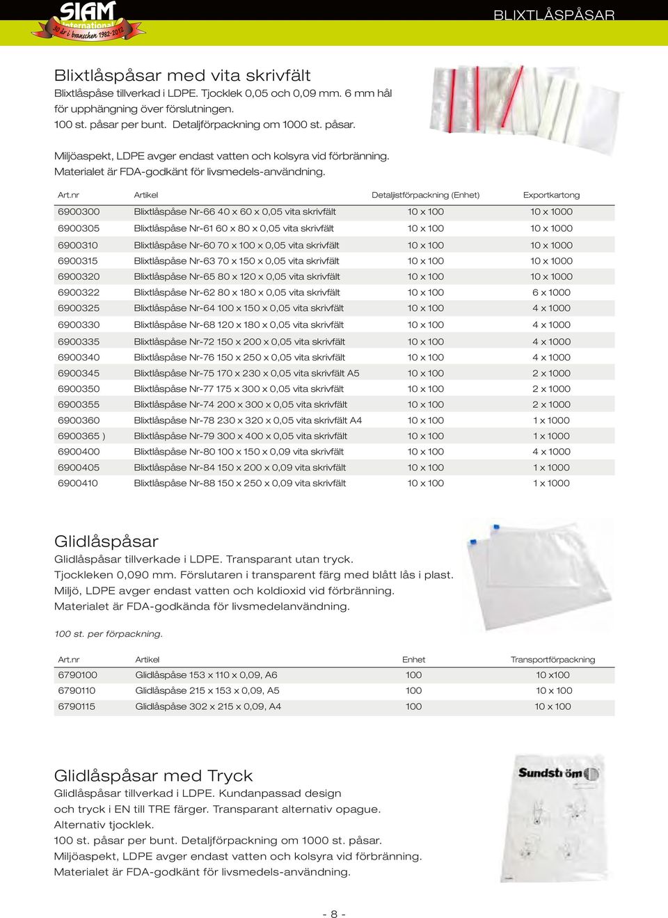 nr Artikel Detaljistförpackning (Enhet) Exportkartong 6900300 Blixtlåspåse Nr-66 40 x 60 x 0,05 vita skrivfält 10 x 100 10 x 1000 6900305 Blixtlåspåse Nr-61 60 x 80 x 0,05 vita skrivfält 10 x 100 10