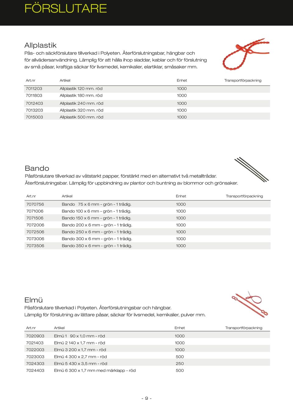 nr Artikel Enhet Transportförpackning 7011203 Allplastik 120 mm. röd 1000 7011803 Allplastik 180 mm. röd 1000 7012403 Allplastik 240 mm. röd 1000 7013203 Allplastik 320 mm.