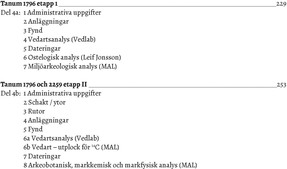 253 Del 4b: 1 Administrativa uppgifter 2 Schakt / ytor 3 Rutor 4 Anläggningar 5 Fynd 6a Vedartsanalys