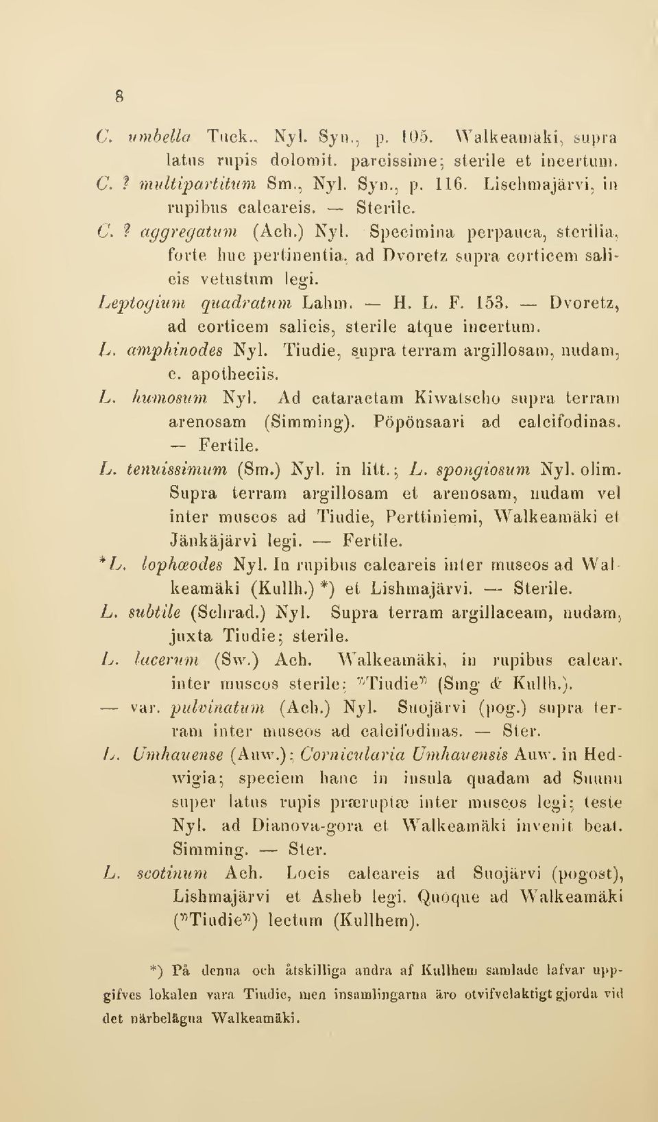 Dvoretz, ad cortieem salicis, sterile atque incertum. Z>. amphinodes Nyl. Tiudie, supra terram argillosam, nudara, c. apotheciis. L. humoswn Nyl.