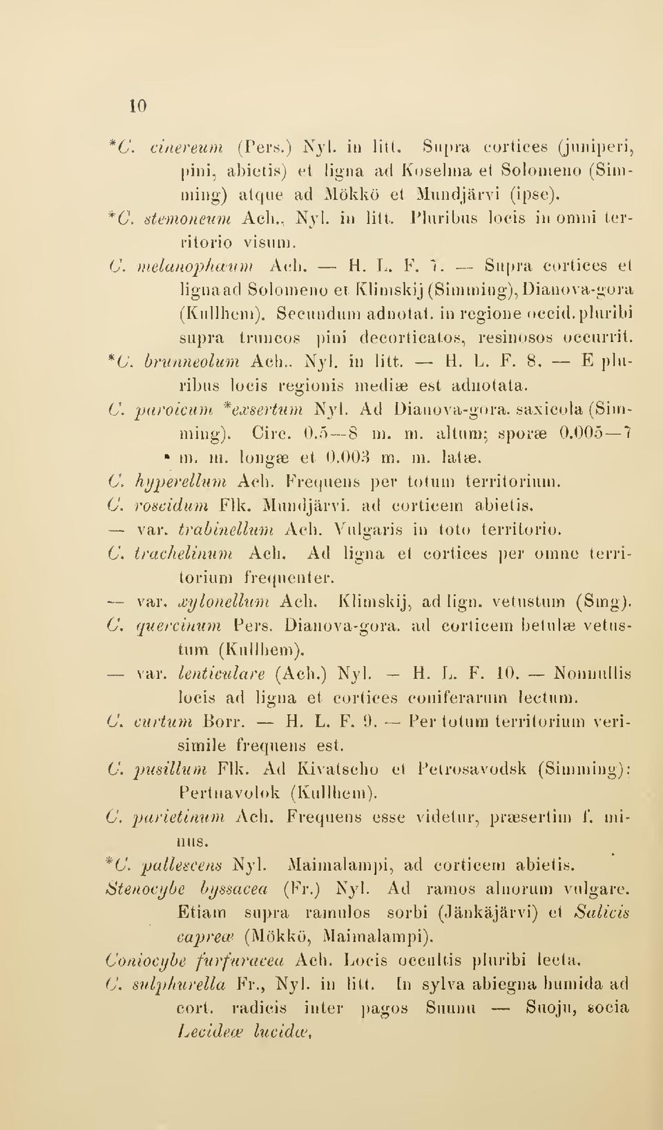 pluribi supra truncos pini decorticatos, resinosos oecurrit. *C. hnmneolum Ach., Nyl. in litt. H. L. F. 8. E pluribus locis regionis medise est adnotata. C. jjiiroicum *exserttim Nj-l.