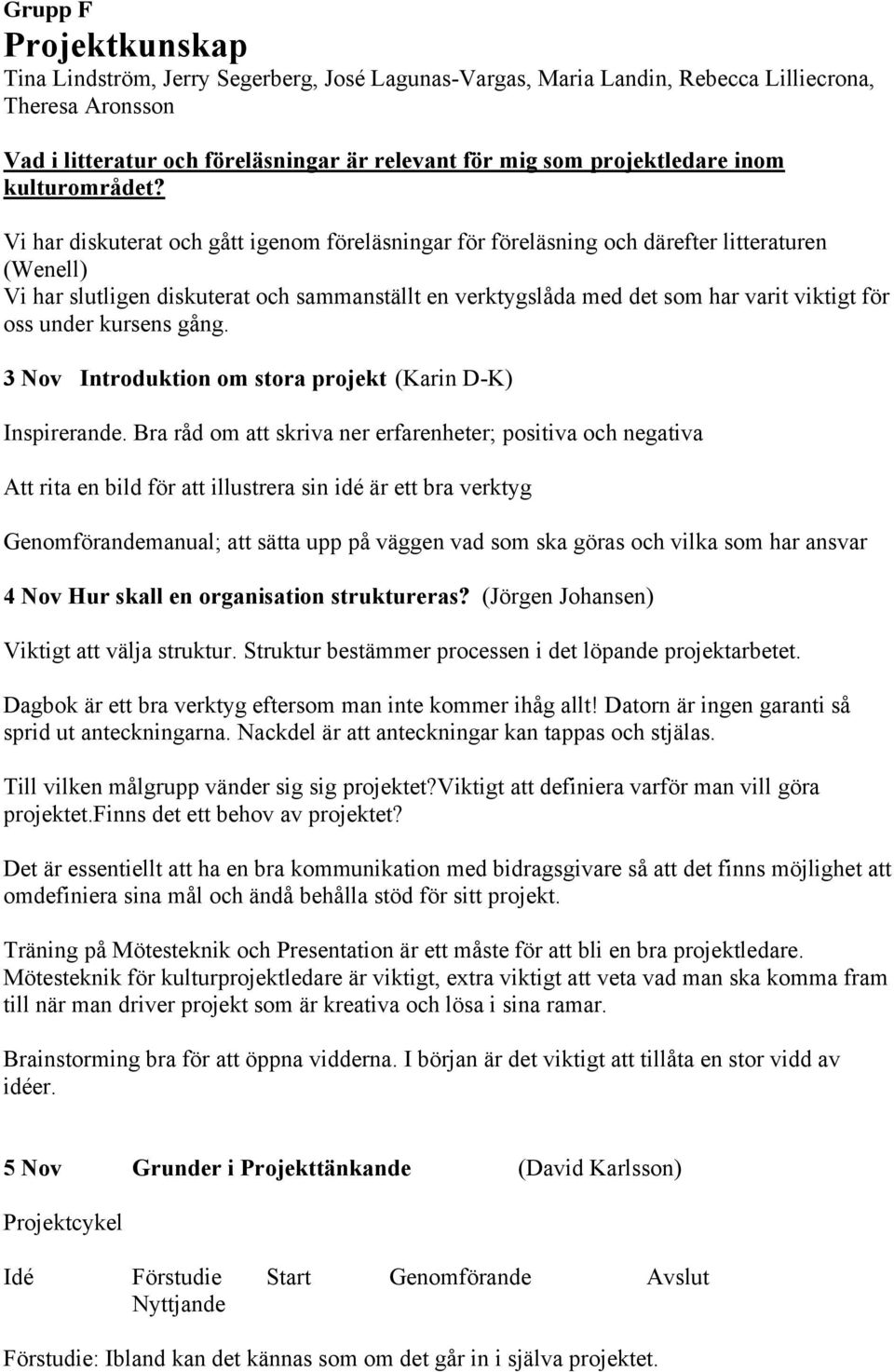 Vi har diskuterat och gått igenom föreläsningar för föreläsning och därefter litteraturen (Wenell) Vi har slutligen diskuterat och sammanställt en verktygslåda med det som har varit viktigt för oss