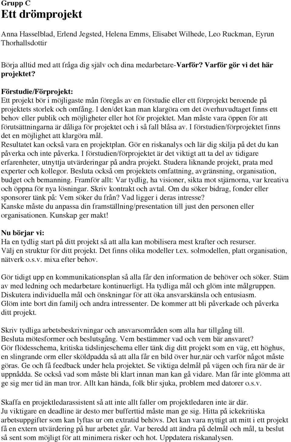 I den/det kan man klargöra om det överhuvudtaget finns ett behov eller publik och möjligheter eller hot för projektet.