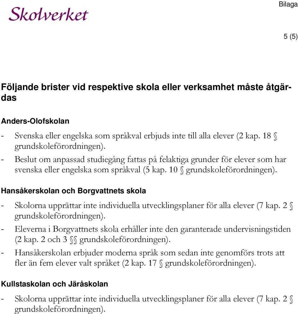 Hansåkerskolan och Borgvattnets skola - Skolorna upprättar inte individuella utvecklingsplaner för alla elever (7 kap. 2 grundskoleförordningen).