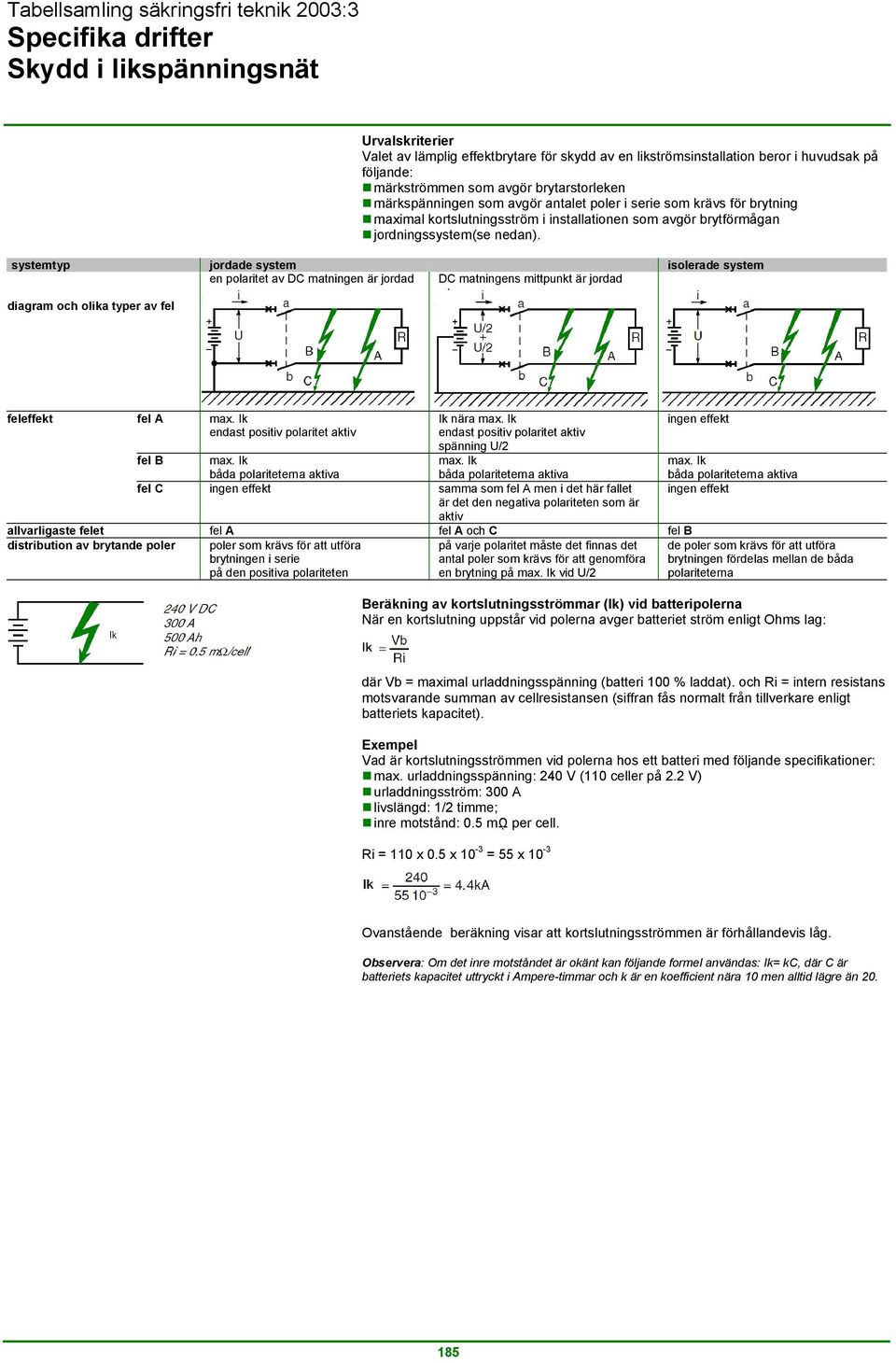 systemtyp jordade system isolerade system en polaritet av DC matningen är jordad DC matningens mittpunkt är jordad diagram och olika typer av fel feleffekt fel A max.